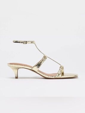 Zara Metallic Gold T-Strap Low Kitten Heel Sandals. Size 38. Adjustable straps.